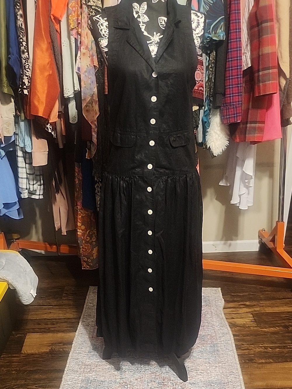 Eddie Bauer Black Sleeveless Button-Front Maxi Dress with V-Neck Bodice